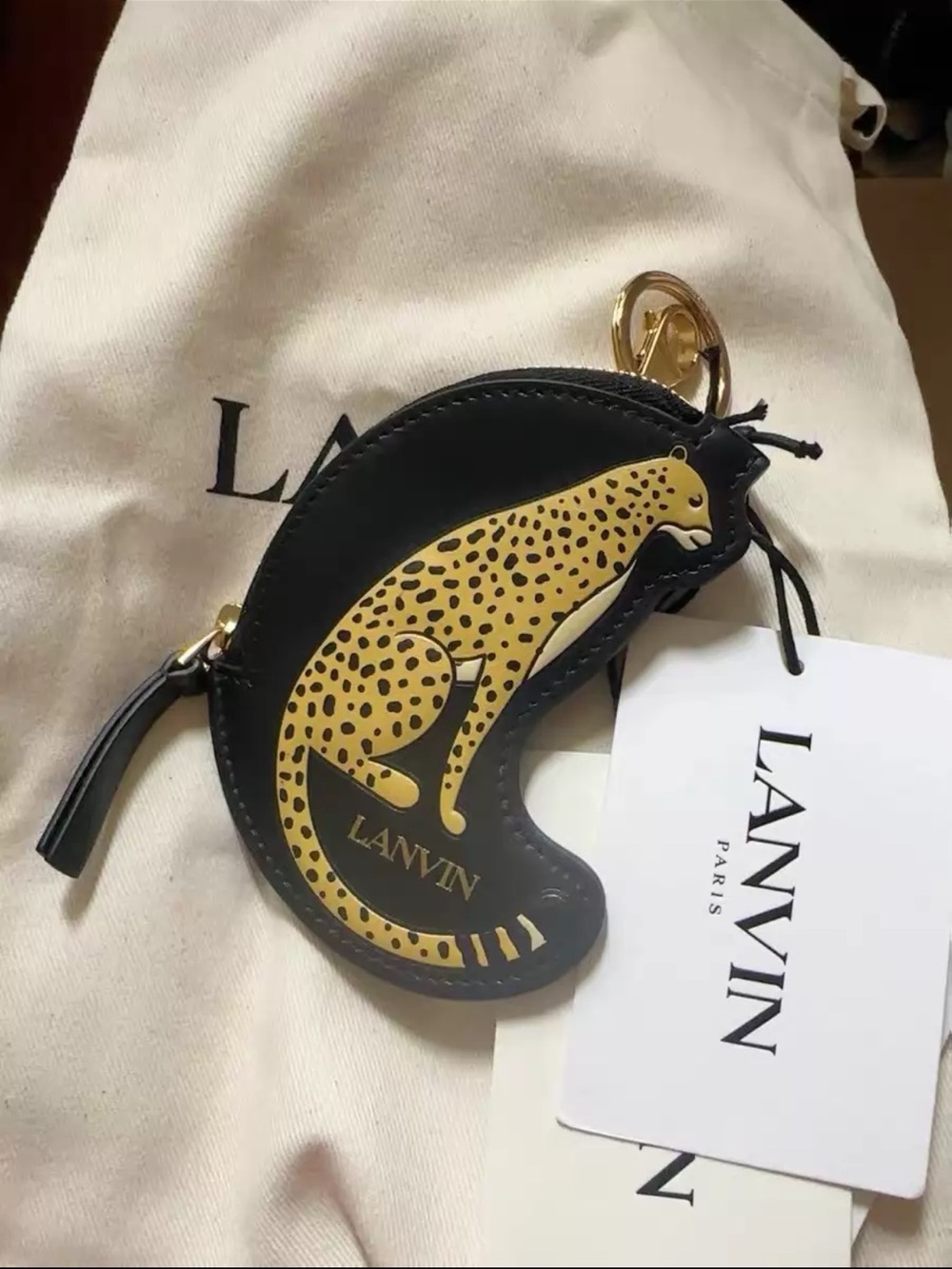 Lanvin Black Leather Cheetah Key Pouch/Bag Charm with Gold Print